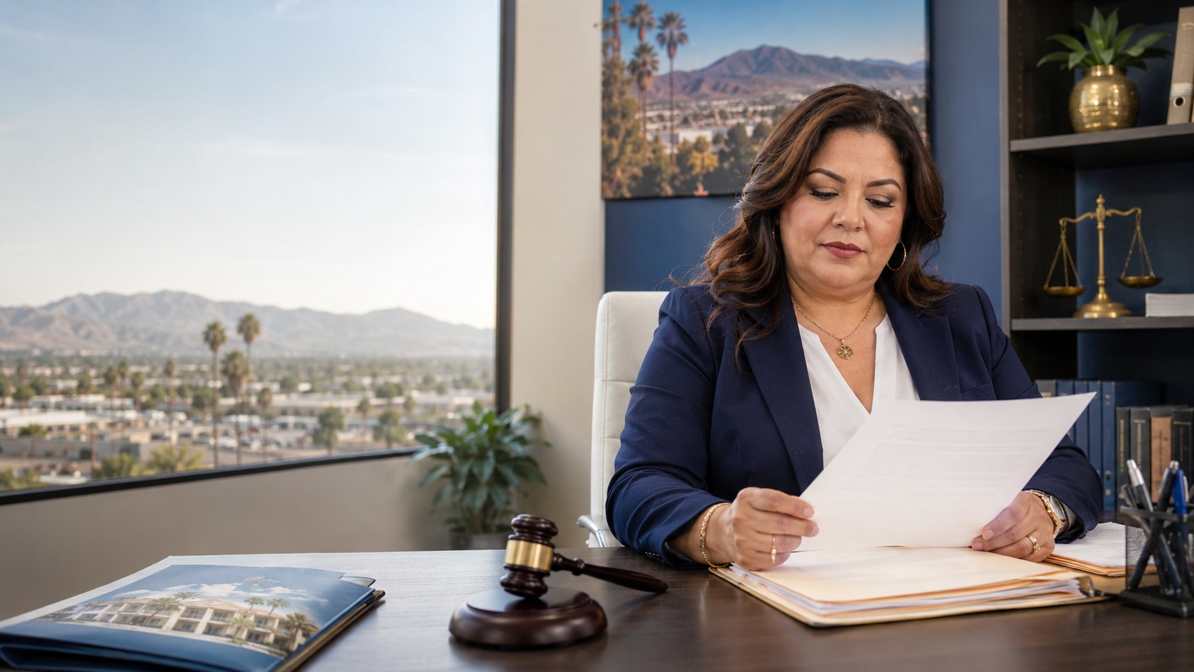 Professional document preparer reviewing paperwork in a San Bernardino office setting