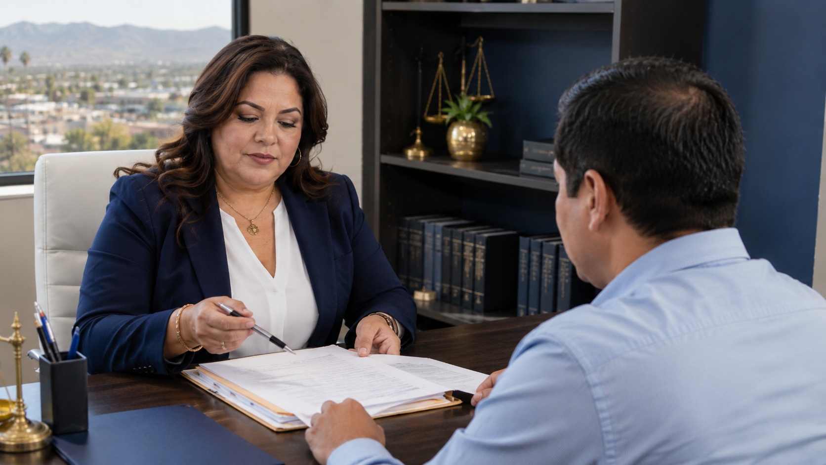 Professional document preparer discussing a filing with a customer