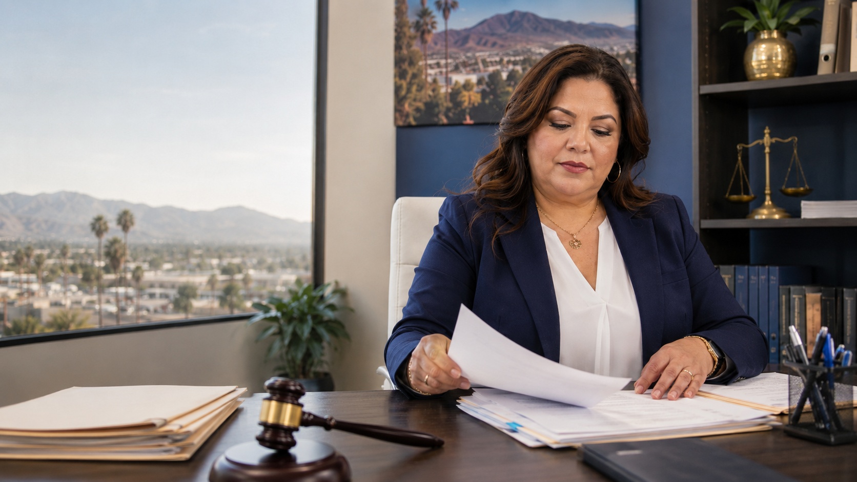 Professional document preparer organizing court paperwork at a desk