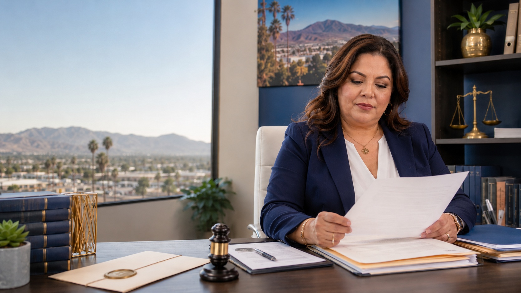Professional document preparer reviewing an organized legal file