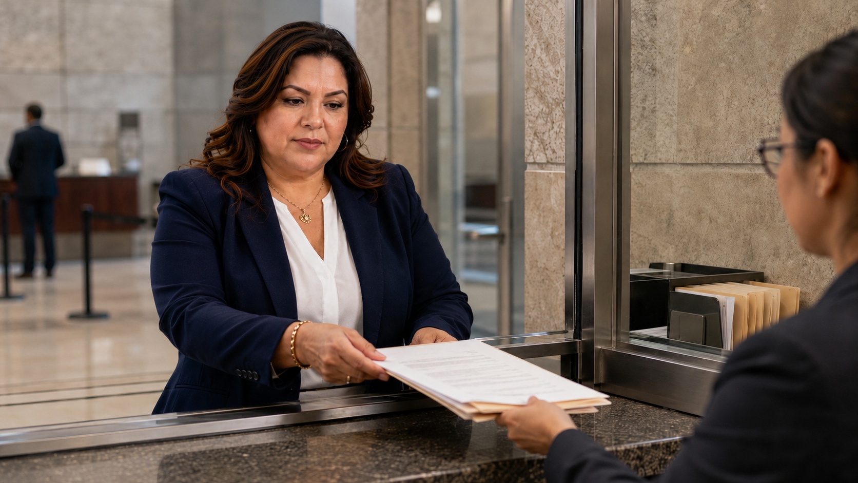 Professional document preparer performing a detailed review of legal paperwork